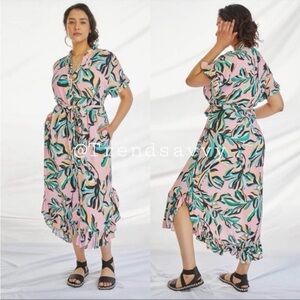 ANTHROPOLOGIE Ruffled V-neck Button Front Shirtdress Maxi Dress Pink Size L NWT